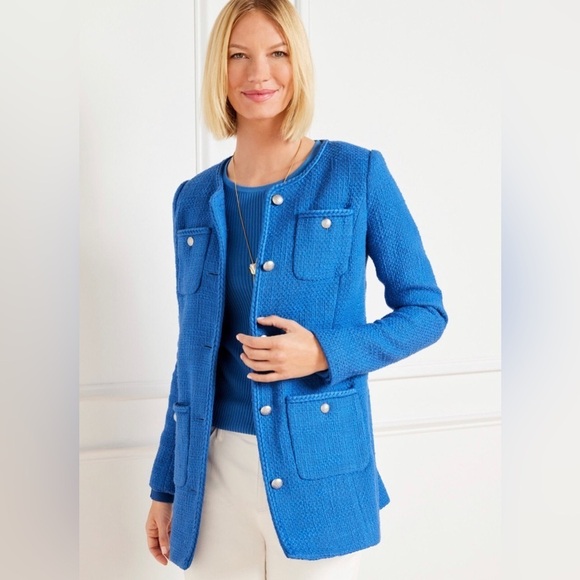 Talbots TWEED TOPPER COAT. Blue/periwinkle Sz 12 petite breaded trim. Long line - Picture 1 of 9